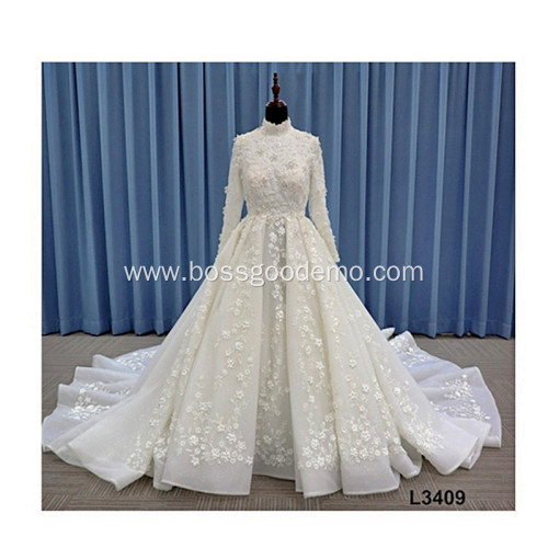 Beaded Luxury Long Train long sleeve ball gown Crystal wedding dress bridal gowns